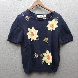 Alfred Dunner Womens Navy Floral Embroidered Short Sleeve Sweater L Cotton/Ramie